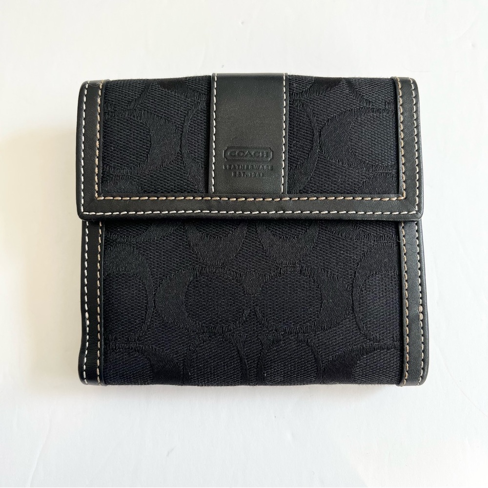 Coach Bifold Leather Wallet Black Monogram Fabric Gem